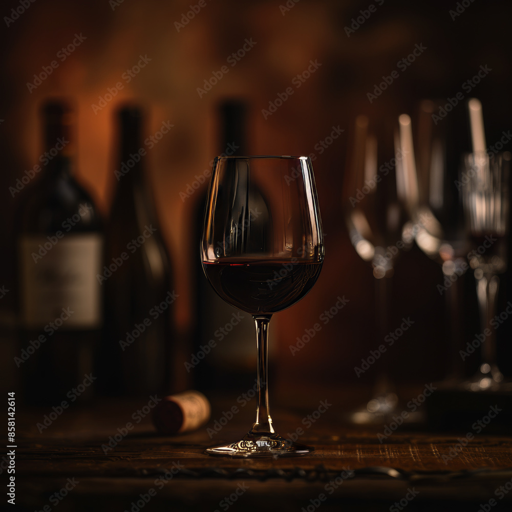 A glass of red wine stands on the table, with other glasses and bottles in blurred focus behind it A glass of red wine stands on the table, with other glasses and bottles in blurred focus behind it