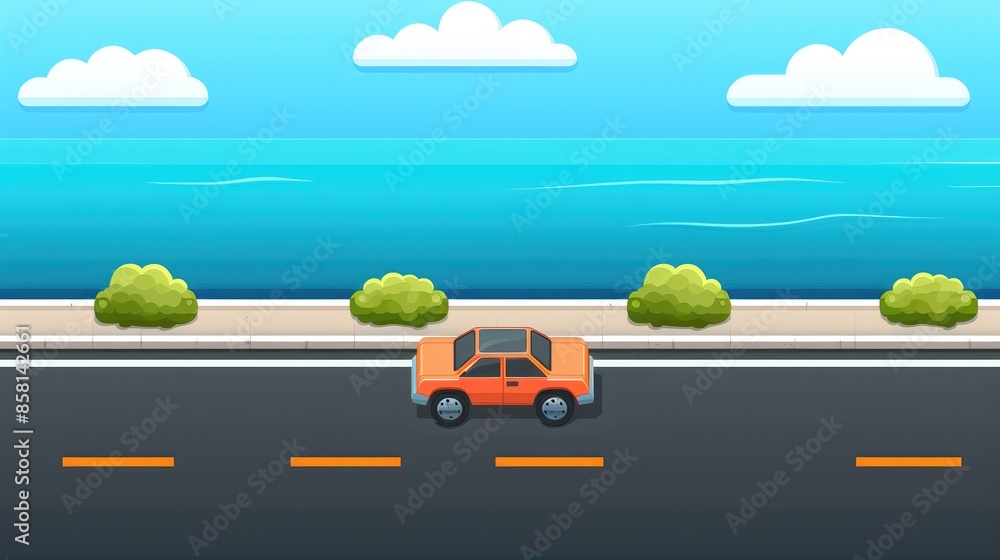 A highway with a view of the ocean, 2d game art, matte background. A highway with a view of the ocean, 2d game art, matte background.