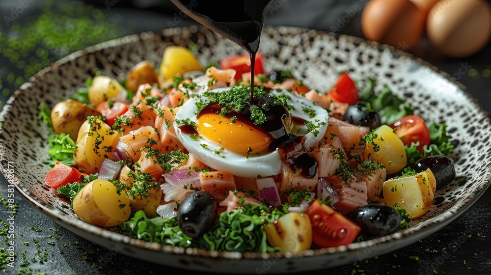 French salad Nicoise with tuna, boiled potatoes, egg, black olives, tomatoes, onion and lettuce poured balsamic sauce, Close-up French salad Nicoise with tuna, boiled potatoes, egg, black olives, tomatoes, onion and lettuce poured balsamic sauce, Close-up