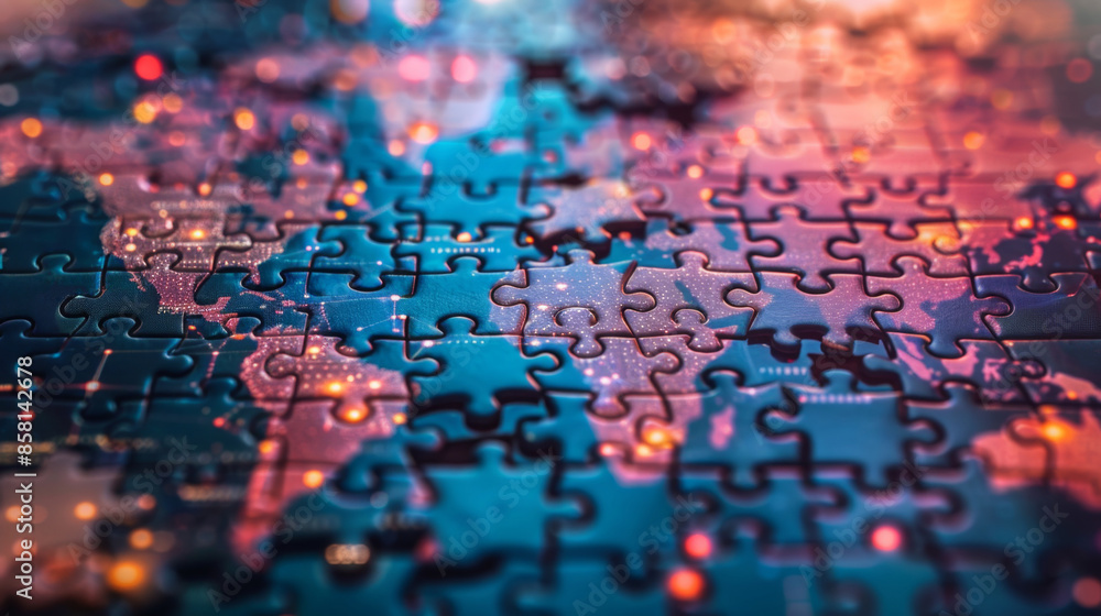 global collaboration, collaboration in global business shown by jigsaw puzzle world map pieces on a digital banner global collaboration, collaboration in global business shown by jigsaw puzzle world map pieces on a digital banner