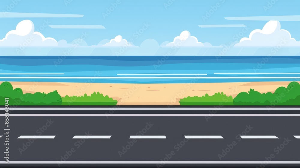 Fototapeta premium A highway with a view of the ocean, 2d game art, matte background.