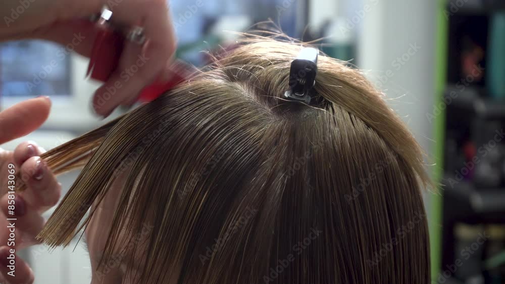 A hairdresser cuts a woman's hair. Hairdresser services. Close-Up. Suitable for content about beauty and health, hair care and hairdressing services.
A hairdresser cuts a woman's hair. Hairdresser services. Close-Up. Suitable for content about beauty and health, hair care and hairdressing services.