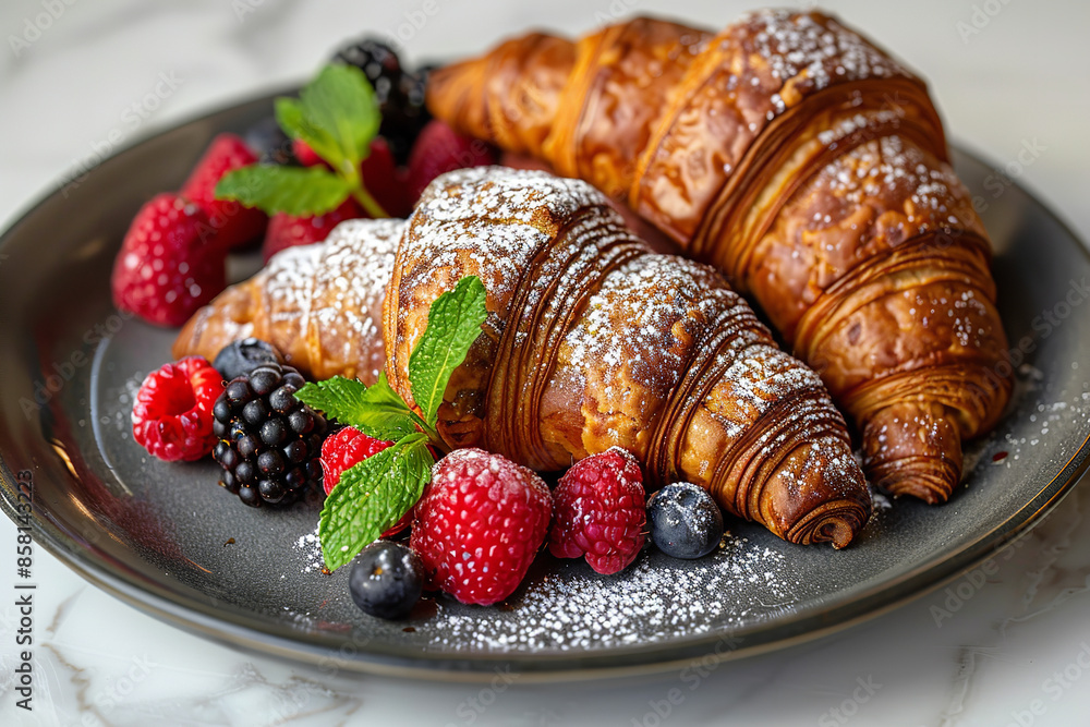 Chocolate Croissants with Berries and Mint on Modern Plate Chocolate Croissants with Berries and Mint on Modern Plate