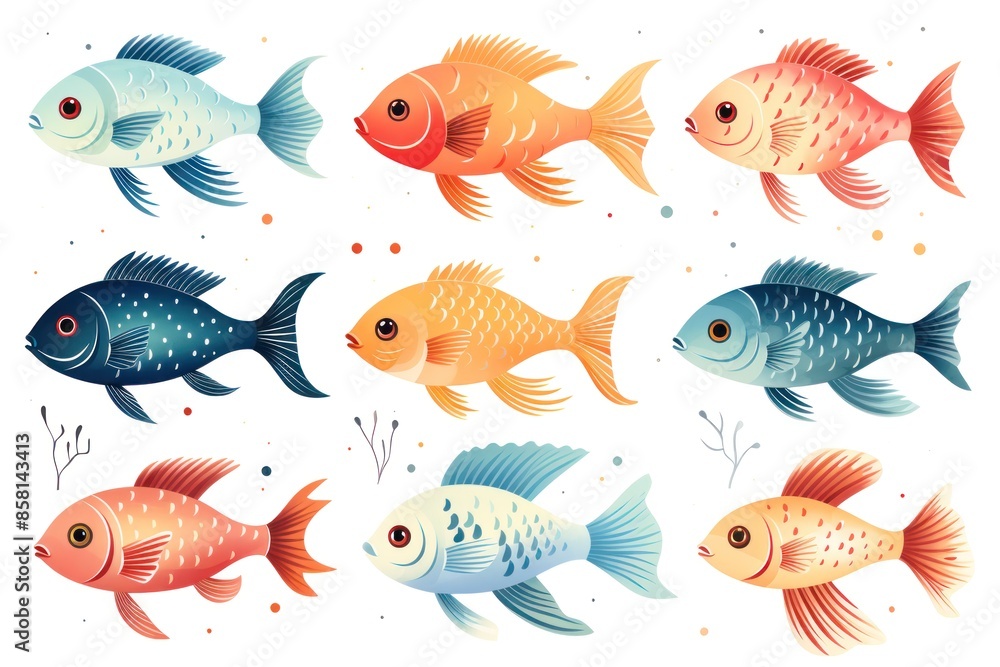Naklejka premium Colorful watercolor set of fish of different colors on a white background.