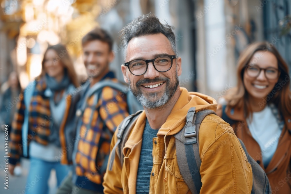 Cheerful bearded man in glasses looking at camera and smiling while walking with his friends Cheerful bearded man in glasses looking at camera and smiling while walking with his friends