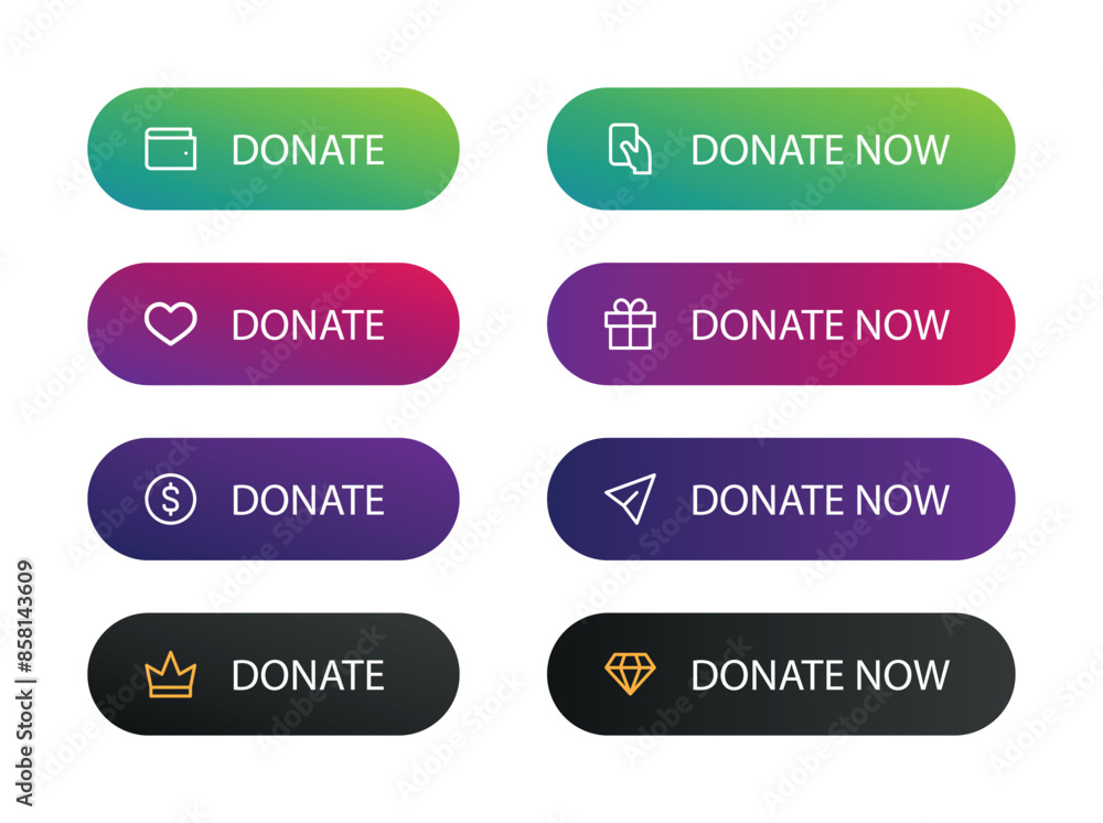 Donate button ui elements set. Donate now button with wallet, heart, money, gift, card icons Donate button ui elements set. Donate now button with wallet, heart, money, gift, card icons