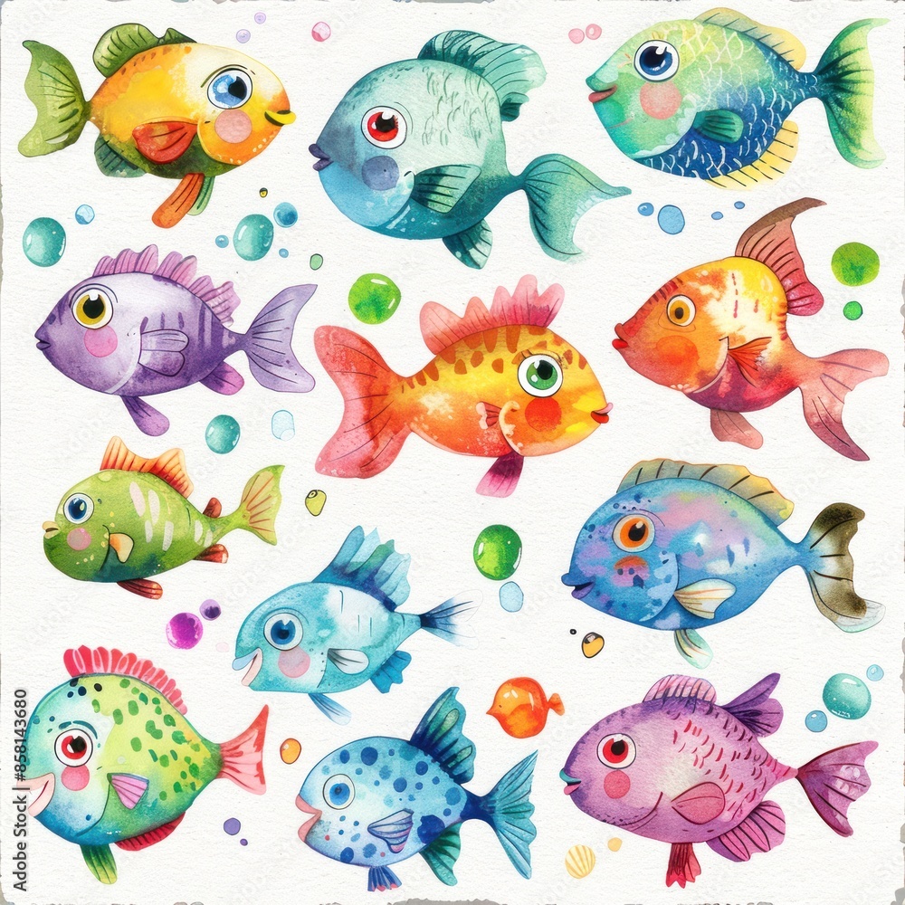 Tropical watercolor set of sea fish with unique patterns on a white background. Tropical watercolor set of sea fish with unique patterns on a white background.