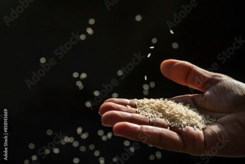  Close-up of a hand on a dark background holding grains of rice, symbolizing extreme hunger