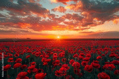 Wide-angle view of a flower field with burning clouds above, UHD quality,