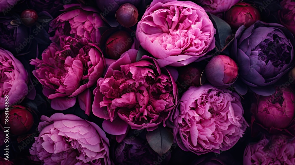 Obraz premium garden of dark purple roses and peonies