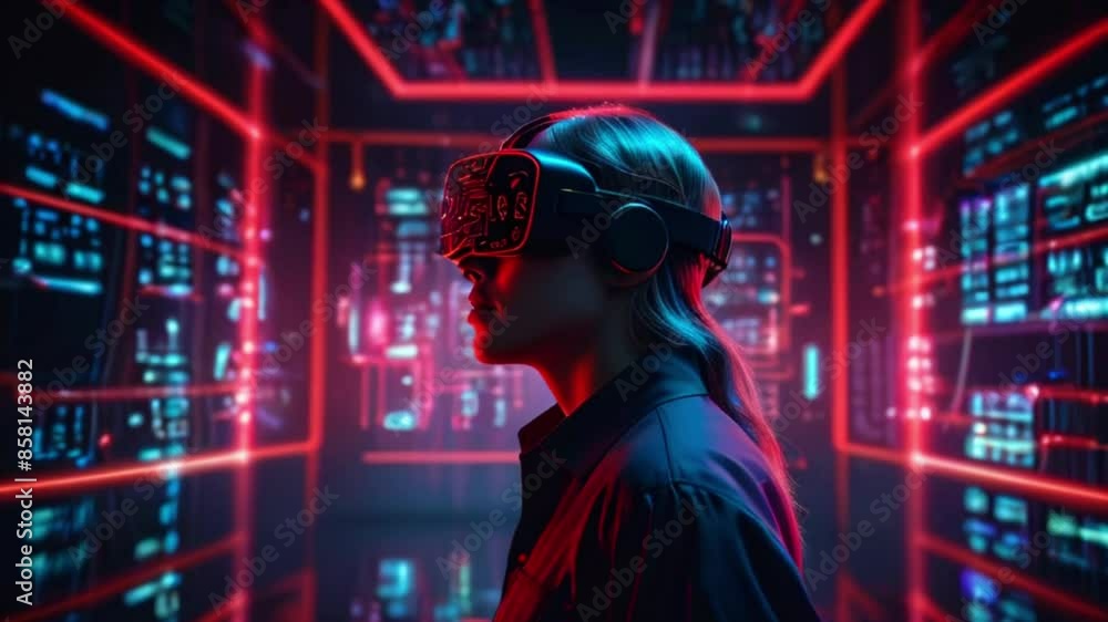 A person wearing a virtual reality headset is standing in a virtual world. The virtual world is a red and blue grid with bright lights. A person wearing a virtual reality headset is standing in a virtual world. The virtual world is a red and blue grid with bright lights.