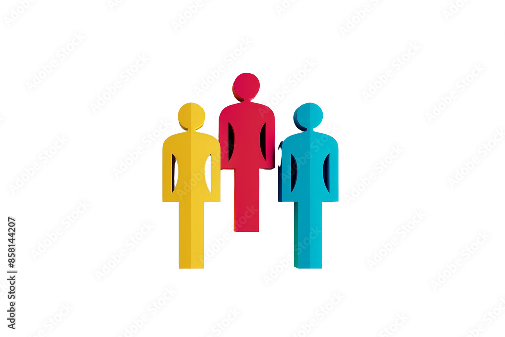 Colorful abstract icon of three human figures in yellow, red, and blue, symbolizing unity, teamwork, and community. Colorful abstract icon of three human figures in yellow, red, and blue, symbolizing unity, teamwork, and community.