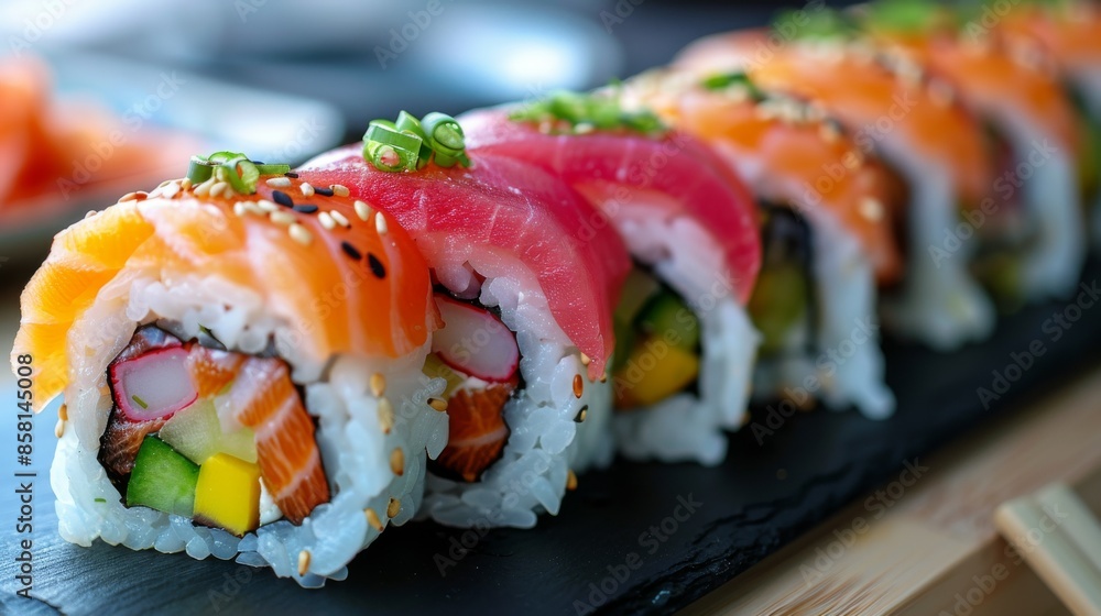 Rainbow Sushi Rolls: An assortment of sushi rolls with bright, colorful fillings such as tuna, salmon, avocado, and cucumber. Rainbow Sushi Rolls: An assortment of sushi rolls with bright, colorful fillings such as tuna, salmon, avocado, and cucumber.