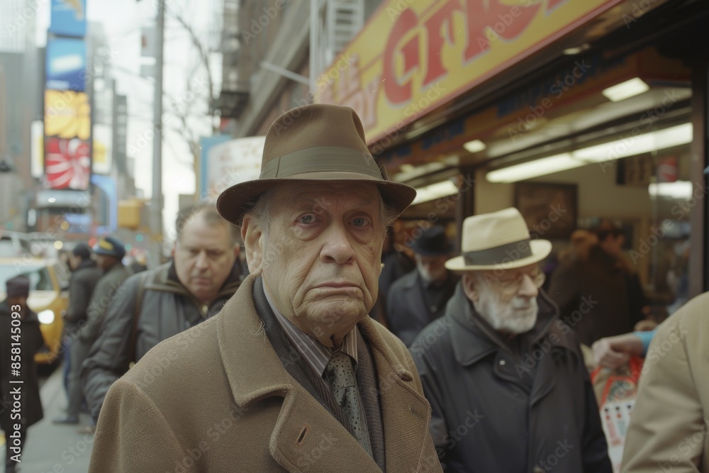 Unidentified senior man in a hat and coat on the street. Unidentified senior man in a hat and coat on the street.