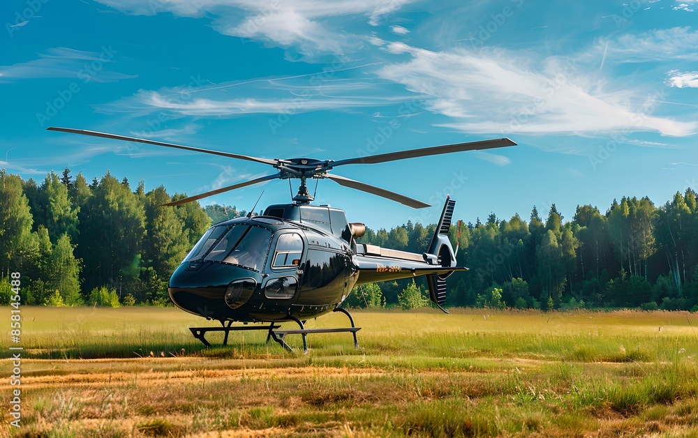 A private helicopter parked in meadow with forest in the background. Business aviation and air travel concept. Commercial chopper A private helicopter parked in meadow with forest in the background. Business aviation and air travel concept. Commercial chopper