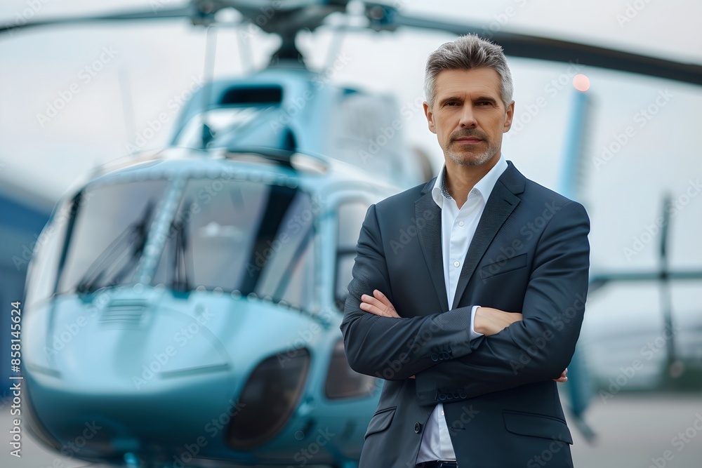 Confident businessman standing in front of luxury jet. Business travel transportation, aviation and luxury tourism concept. Commercial chopper. Banner with copy space Confident businessman standing in front of luxury jet. Business travel transportation, aviation and luxury tourism concept. Commercial chopper. Banner with copy space