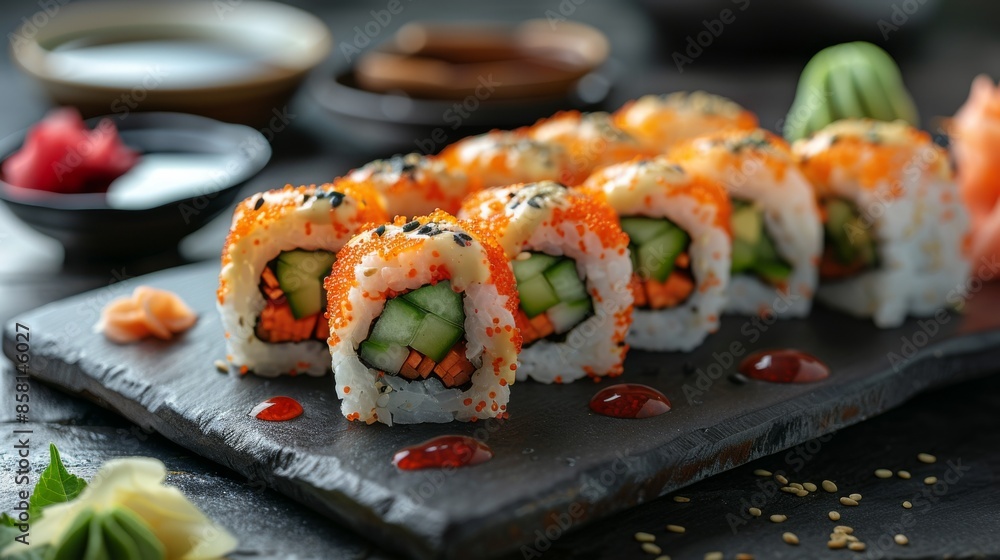 Sushi Rolls: A plate of sushi rolls filled with a variety of vegetables like avocado, cucumber, and carrots. Sushi Rolls: A plate of sushi rolls filled with a variety of vegetables like avocado, cucumber, and carrots.