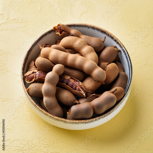 Fresh delicious ripe tamarind on yellow background photo