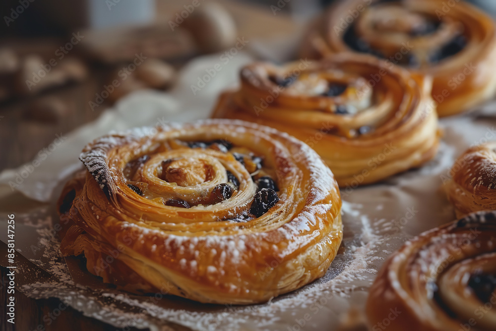 Fototapeta premium Morning Light on Pain Aux Raisins in Cozy Cafe Setting