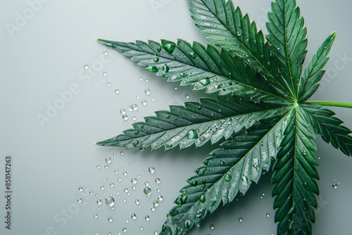 Highly detailed photorealistic marijuana leaf with oil extract, bright colors,