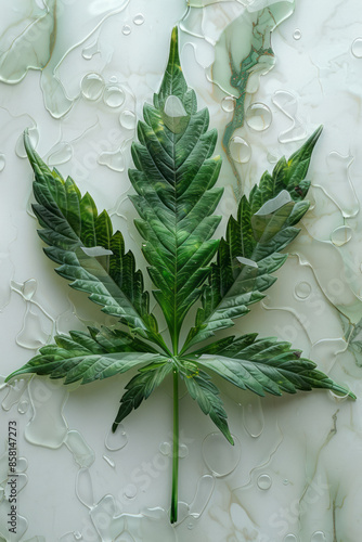 Intricate photorealistic marijuana leaf with oil extract, vibrant and natural,