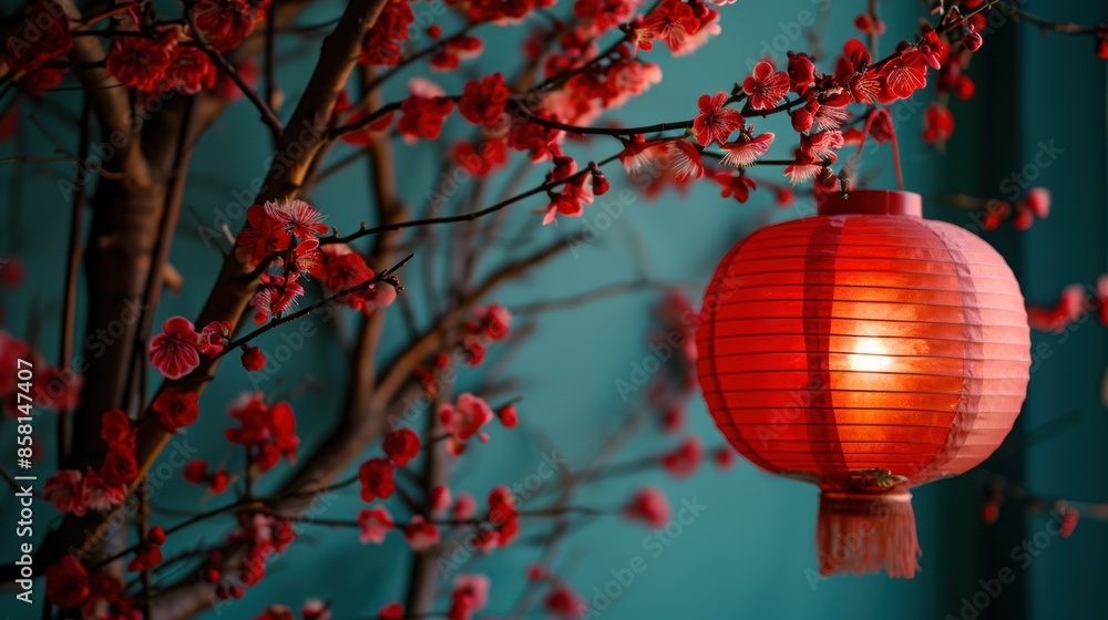 Obraz premium Lantern with red plum blossom to celebrate Chinese lunar new year.