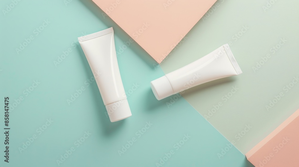 Cream tubes on two color backdrop flat lay composition in body care theme Cream tubes on two color backdrop flat lay composition in body care theme