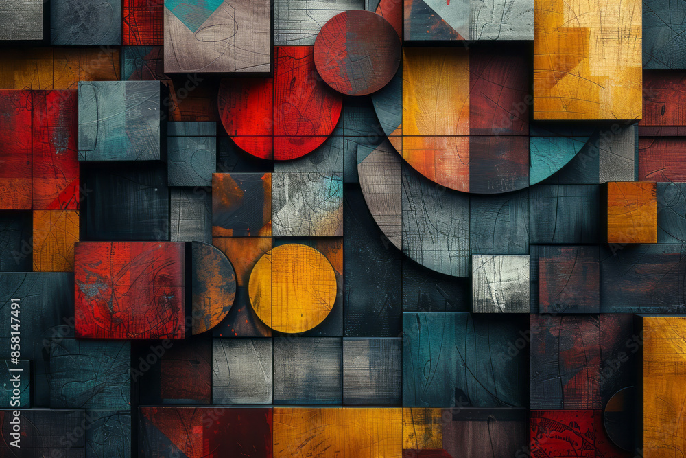 Fototapeta premium Geometric abstract design featuring 3D blocks, circles, and intersecting squares,