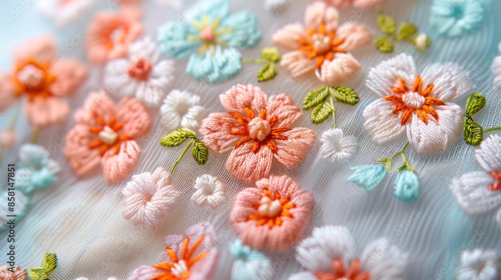 Fototapeta premium White tulle fabric is beautifully enhanced with floral embroidery and fine thread work.