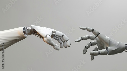 Shows human and robot hands reaching out to each other, symbolizing network connection between humans and AI or robotics.