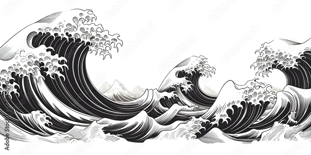 Renaissance-style Black and White Woodcut of Waves. Concept Art, Waves, Black and White, Renaissance, Woodcut Renaissance-style Black and White Woodcut of Waves. Concept Art, Waves, Black and White, Renaissance, Woodcut