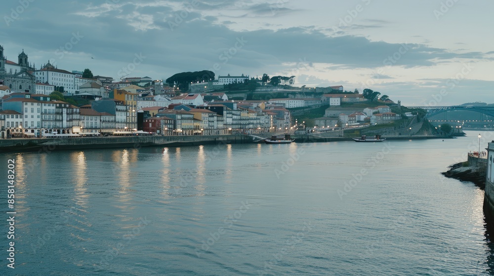 A panoramic view of Porto, Portugal at dusk, showcasing the citys colorful buildings, the Douro River, and a bridge in the distance A panoramic view of Porto, Portugal at dusk, showcasing the citys colorful buildings, the Douro River, and a bridge in the distance
