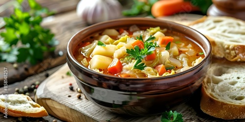 Hearty Cabbage Soup with Veggies, Potatoes, and Crusty Bread. Concept Vegetarian Recipes, Hearty Soups, Cabbage Dishes, Comfort Food, Bread Pairings photo