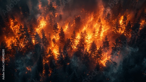 Aerial perspective of an intense forest fire with enormous flames and billowing smoke consuming a vast natural area, representing the devastating impact of wildfires.