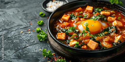 Spicy Korean stew with kimchi, tofu, and egg Kimchi Jjigae. Concept Are you looking for a recipe or more information about this dish?