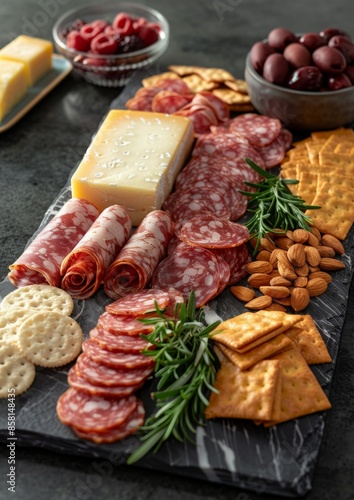 Charcuterie and Cheese Board: A lavish charcuterie board with a selection of gourmet cheeses, cured meats, fresh fruits, nuts, and artisanal crackers.
