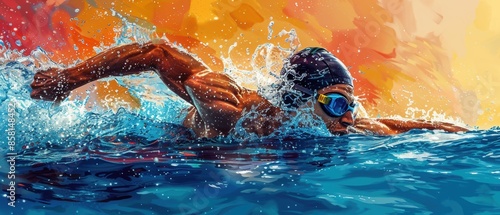Vector illustration of a swimmer in mid-stroke, water splashing around in a vibrant pool.