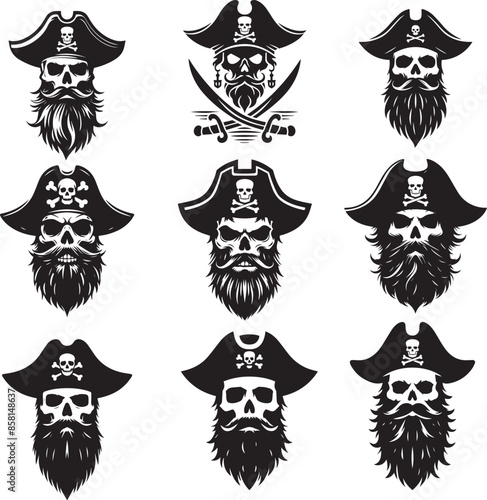 Pirate skull skeleton with beard grim reaper mascot in pirates silhoutte editable vector art