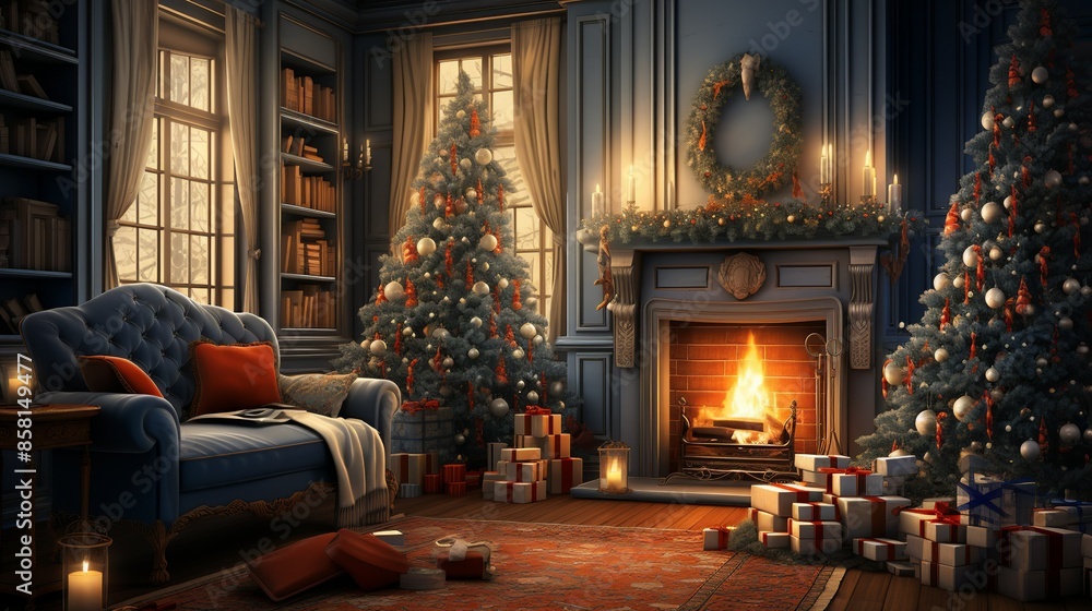 A charming illustration of a cozy living room during winter, with a roaring fireplace, holiday decorations, and a warm, inviting ambiance. Illustration, Minimalism, A charming illustration of a cozy living room during winter, with a roaring fireplace, holiday decorations, and a warm, inviting ambiance. Illustration, Minimalism,