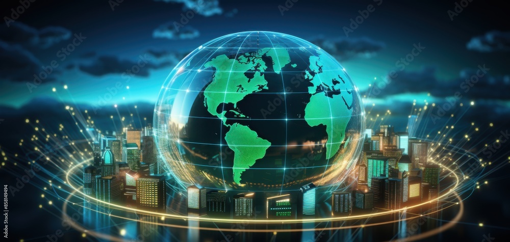 a futuristic cityscape with a glowing green globe in the center. The globe is surrounded by tall buildings and a network of glowing lines. a futuristic cityscape with a glowing green globe in the center. The globe is surrounded by tall buildings and a network of glowing lines.