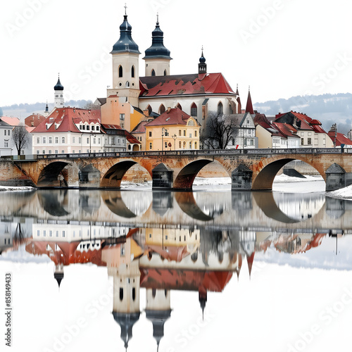 amazing view of evangelical cathedral and the liars bridge in the center of sibiu city isolated on white background, text area, png photo