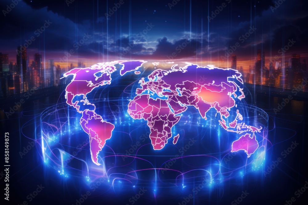 a glowing blue and purple map of the world with a glowing blue background. a glowing blue and purple map of the world with a glowing blue background.