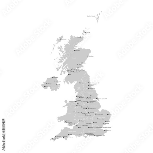 Vector modern isolated illustration. Simplified administrative map of United Kingdom of Great Britain and Northern Ireland. Grey shapes. Names of UK regions and big cities. White background