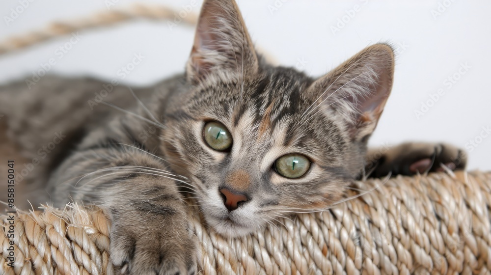 Fototapeta premium A grey tabby cat with green eyes rests on a rope scratching post