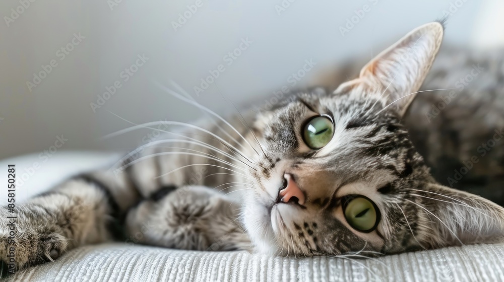 Fototapeta premium A grey tabby cat with green eyes rests on a rope scratching post