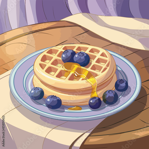 Flat illustration waffles with blueberries photo