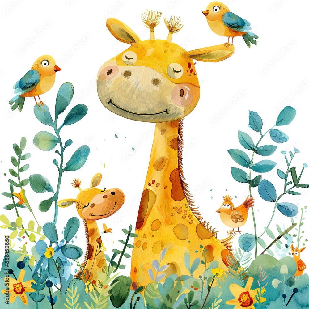 Naklejka premium Cute watercolor giraffes among fluttering birds in a colorful wildlife scene. Cute watercolor drawing for children's projects.