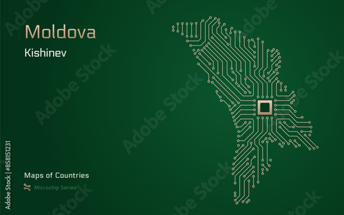 A vector map of Moldova created from a microchip pattern, with the capital Chisinau depicted as a microchip