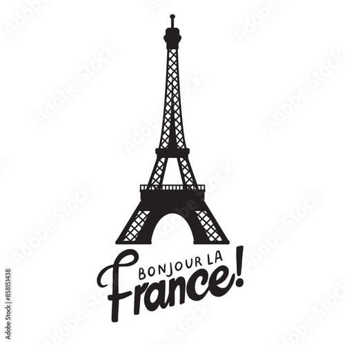 Eiffel Tower silhouette and handwritten text Bonjour La France! Black on white. Vector illustration.