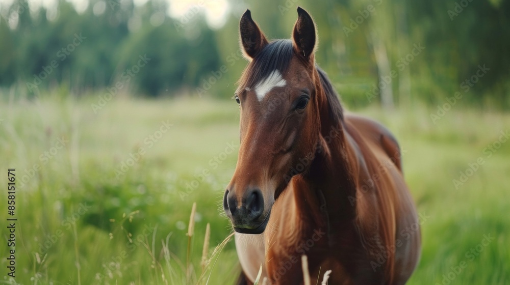Fototapeta premium A brown horse is standing in a field of grass